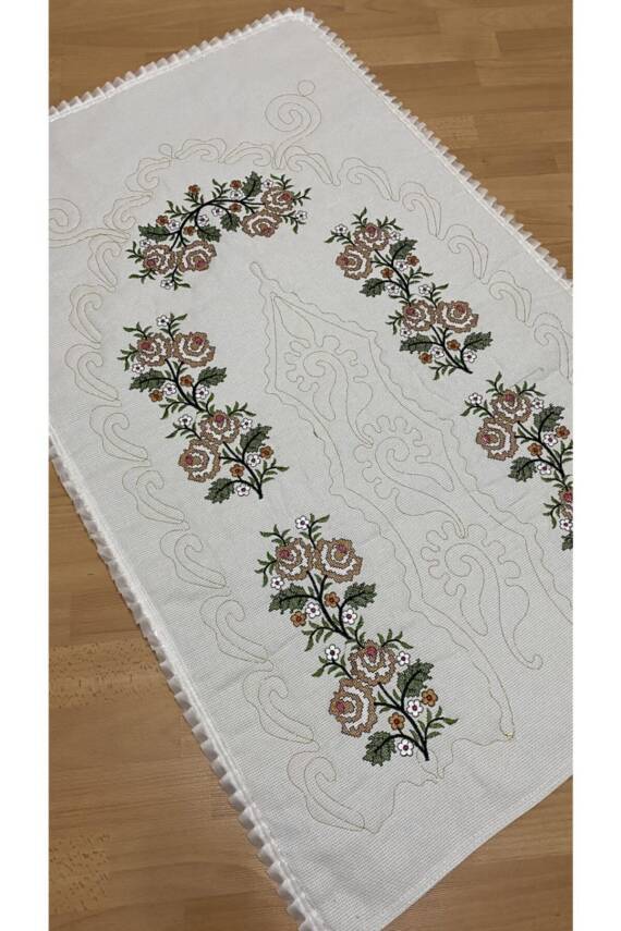 Çeyizlik Kaneviçe Etamin Işleme Nakışlı %100 Pamuk Keten Seccade Krem*sarı (SARI*KREM) - 1