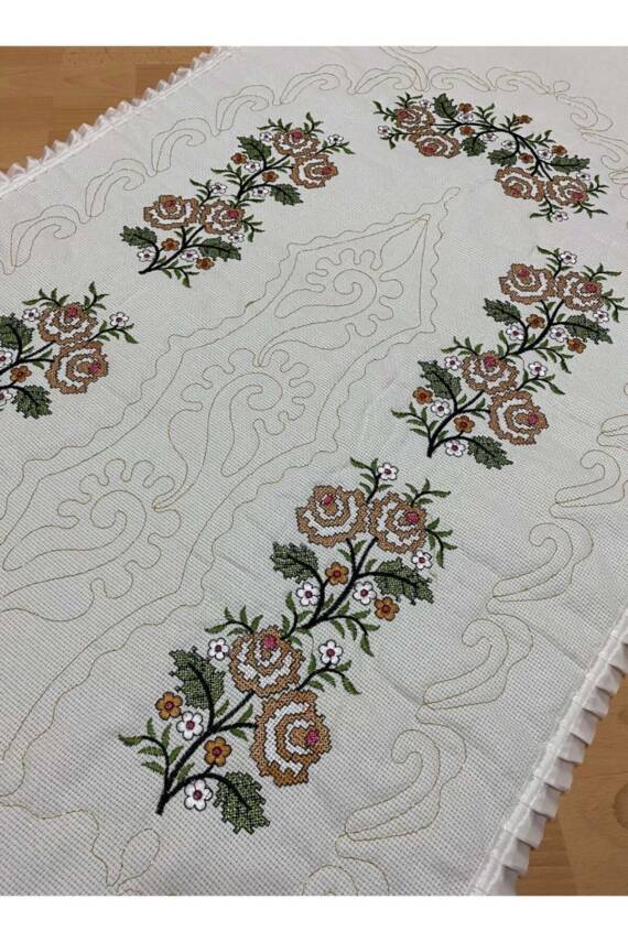 Çeyizlik Kaneviçe Etamin Işleme Nakışlı %100 Pamuk Keten Seccade Krem*sarı (SARI*KREM) - 3