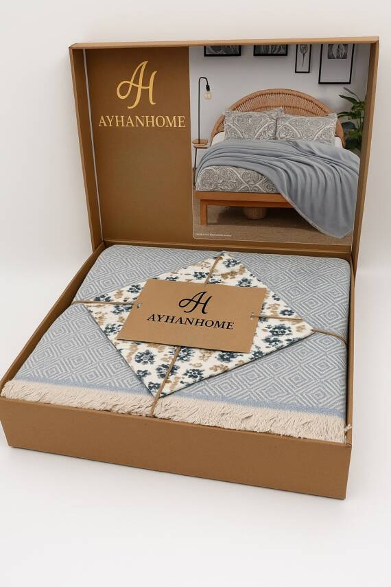 Çift Kişilik Pamuklu Kutulu Pike Takımı (Mavi) - 1