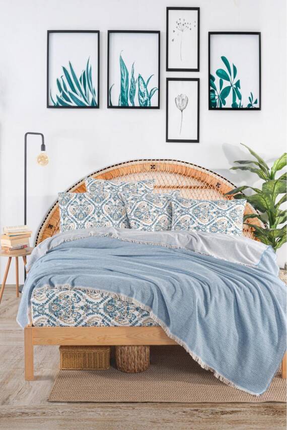 Çift Kişilik Pamuklu Kutulu Pike Takımı (Mavi) - 2