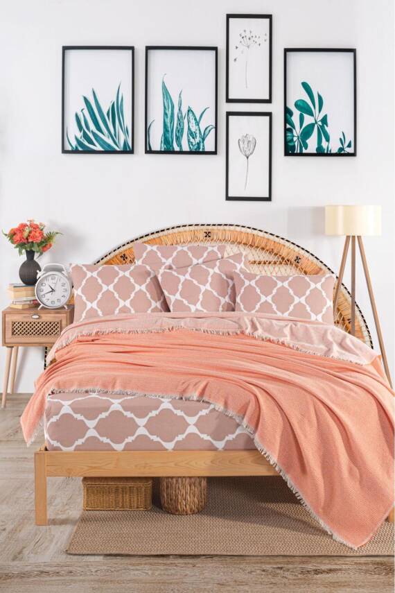 Çift Kişilik Pamuklu Kutulu Pike Takımı (Somon) - 2