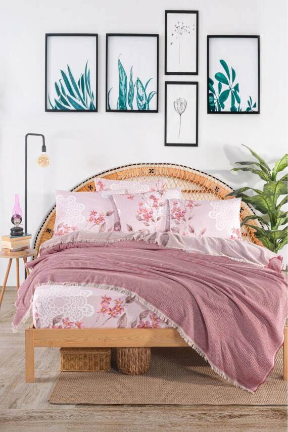 Çift Kişilik Pamuklu Kutulu Pike Takımı (Pudra) - 2