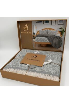 Çift Kişilik Pamuklu Kutulu Pike Takımı (Gri)