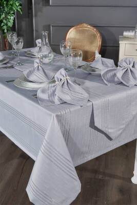 Colver Şantuk Kumaş Cizgili Desen Lüks Masa Örtüsü (GRİ)