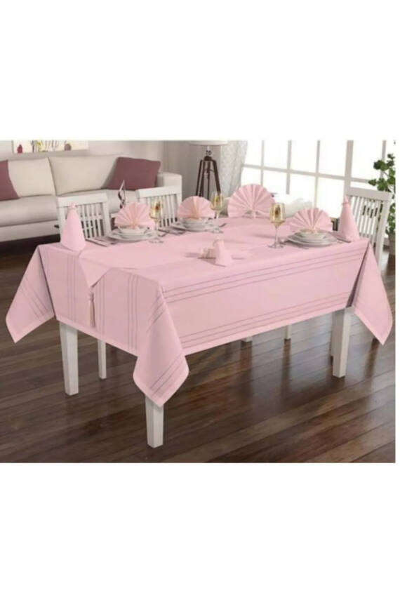 Colver Şantuk Kumaş Cizgili Desen Lüks Masa Örtüsü (PUDRA) - 1