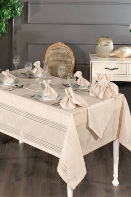 Colver Şantuk Kumaş Cizgili Desen Lüks Masa Örtüsü (BEJ)