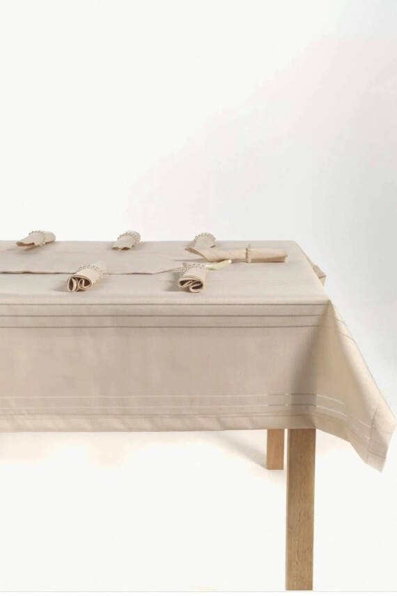 Colver Şantuk Kumaş Cizgili Desen Lüks Masa Örtüsü (BEJ) - 2