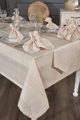 Colver Şantuk Kumaş Cizgili Desen Lüks Masa Örtüsü (BEJ) - 3