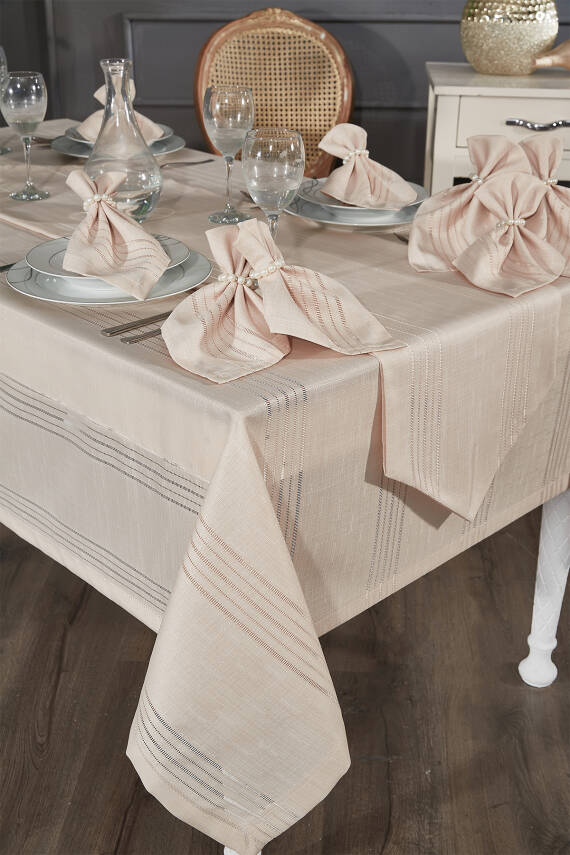 Colver Şantuk Kumaş Cizgili Desen Lüks Masa Örtüsü (BEJ) - 3