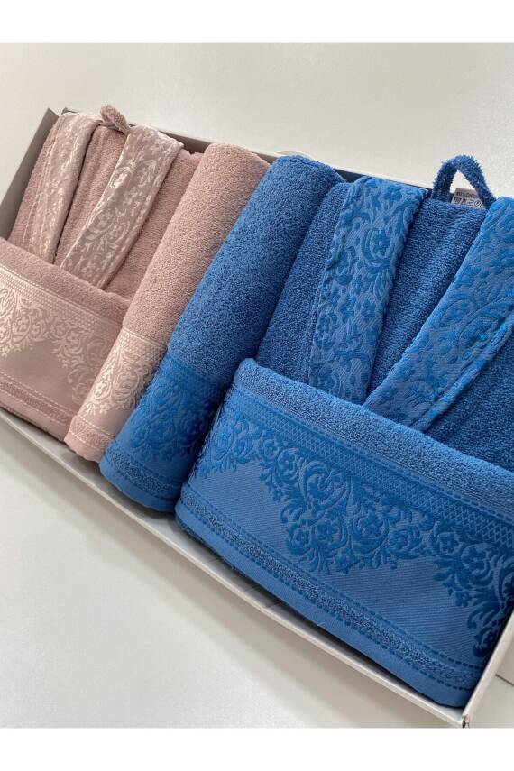 Fiesta %100 Pamuklu Kadın Erkek 6 Parça Aile Bornoz Seti, Bornoz Takımı (Pudra*Lacivert) - 1