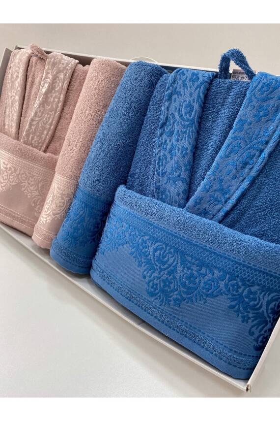 Fiesta %100 Pamuklu Kadın Erkek 6 Parça Aile Bornoz Seti, Bornoz Takımı (Pudra*Lacivert) - 2