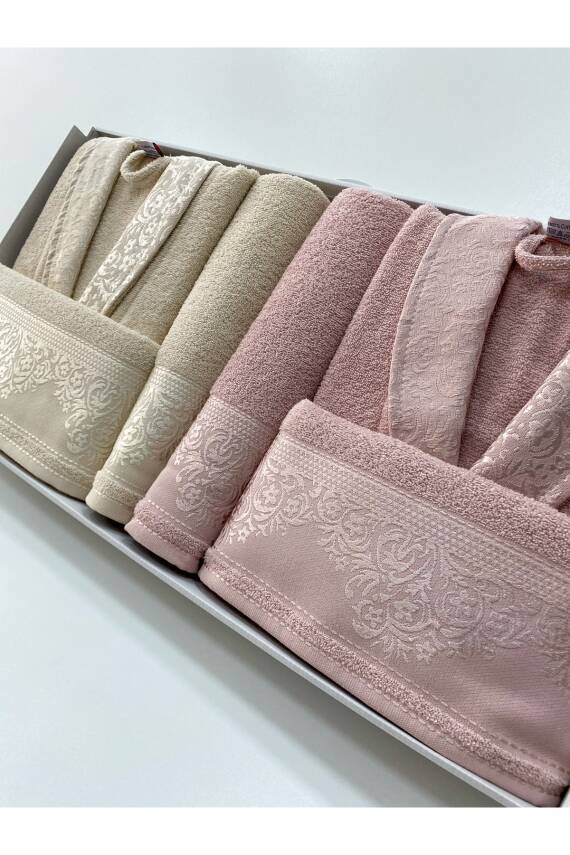 Fiesta %100 Pamuklu Kadın Erkek 6 Parça Aile Bornoz Seti, Bornoz Takımı (Bej*Pudra) - 1