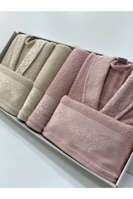 Fiesta %100 Pamuklu Kadın Erkek 6 Parça Aile Bornoz Seti, Bornoz Takımı (Bej*Pudra) - 2