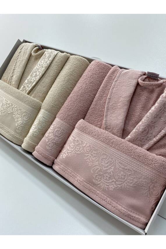 Fiesta %100 Pamuklu Kadın Erkek 6 Parça Aile Bornoz Seti, Bornoz Takımı (Bej*Pudra) - 2