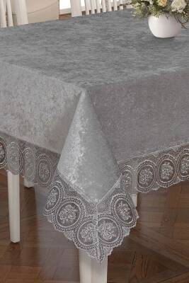 Fransız Güpürlü Lüks Kadife Masa Örtüsü (GRİ) - 4