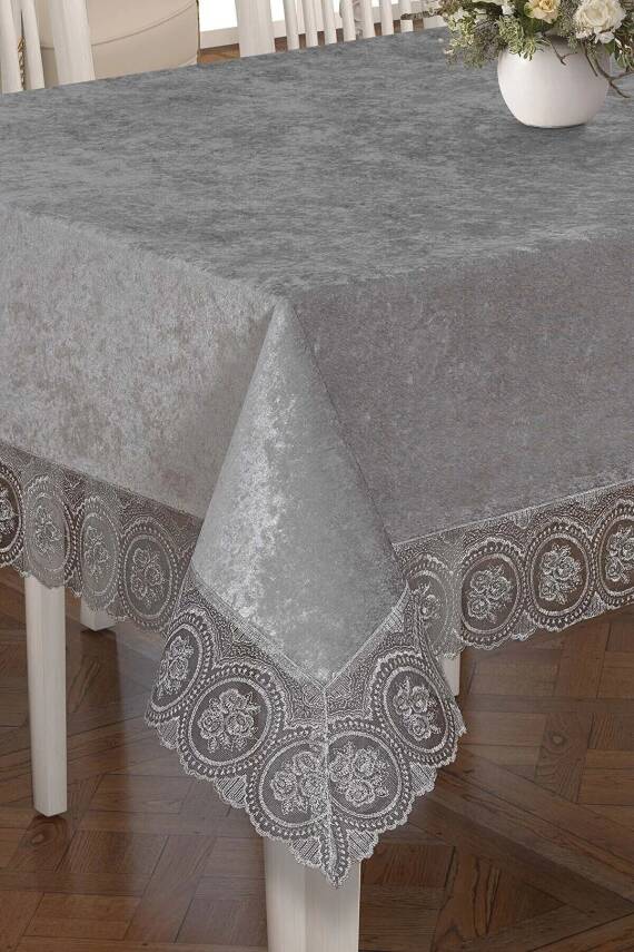 Fransız Güpürlü Lüks Kadife Masa Örtüsü (GRİ) - 4