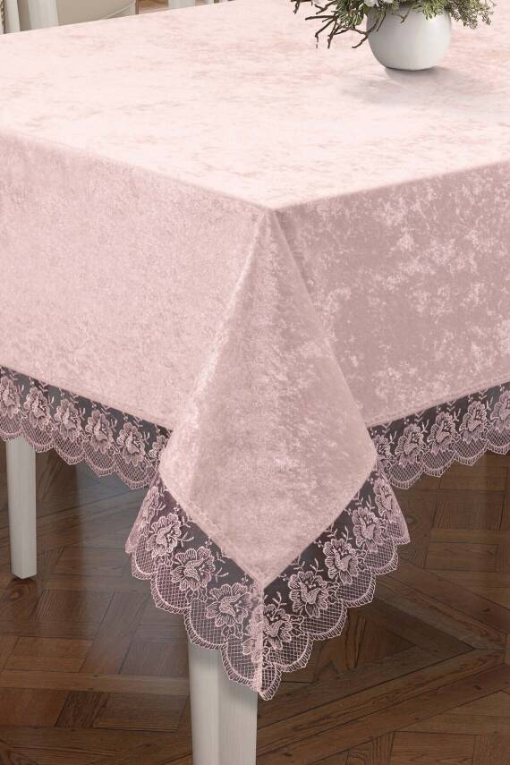 Fransız Güpürlü Lüks Kadife Masa Örtüsü (PUDRA) - 2