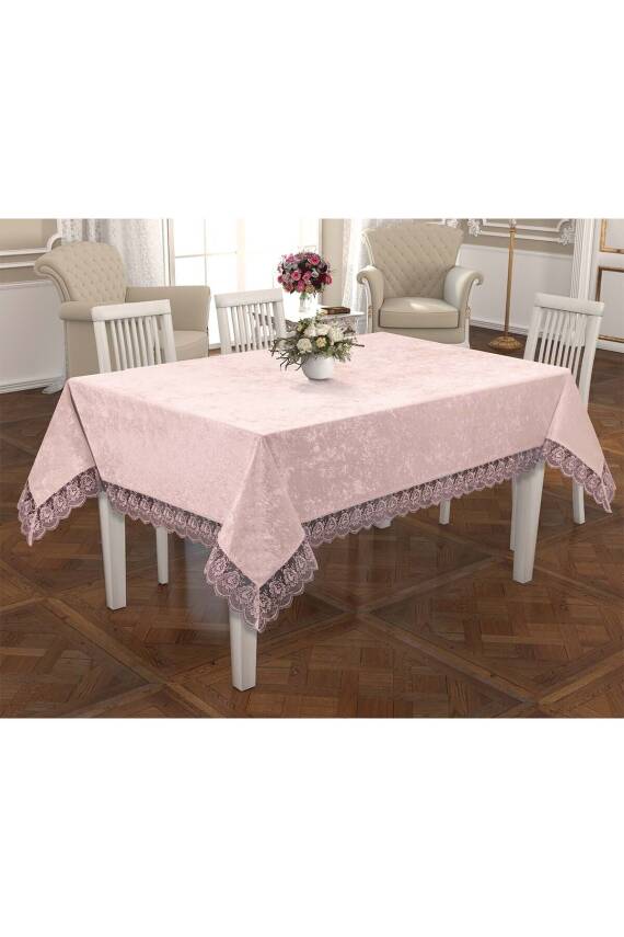 Fransız Güpürlü Lüks Kadife Masa Örtüsü (PUDRA) - 3