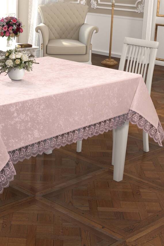 Fransız Güpürlü Lüks Kadife Masa Örtüsü (PUDRA) - 5