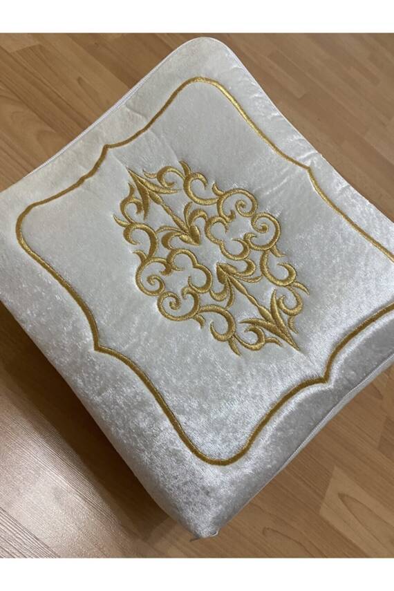 Gold Işleme Bohça Nişan Hurcu Çeyizlik Kadife 40 Cm Hurç Krem (gri) - 1