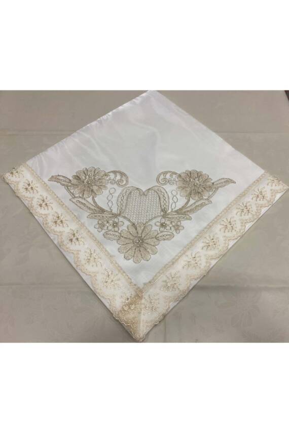 Güpürlü Dantel Taş Süslemeli Krem Çeyizlik Saten Lüks Bohça (KREM) - 2