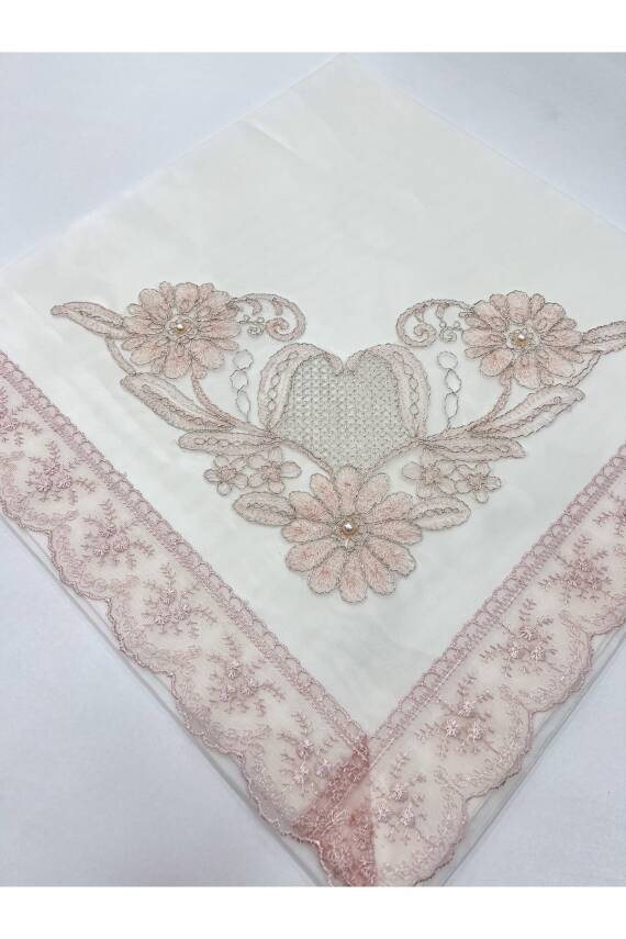 Güpürlü Dantel Taş Süslemeli Krem Çeyizlik Saten Lüks Bohça (KREM) - 1