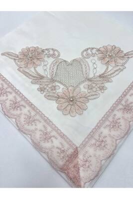 Güpürlü Dantel Taş Süslemeli Krem Çeyizlik Saten Lüks Bohça (KREM) - 3