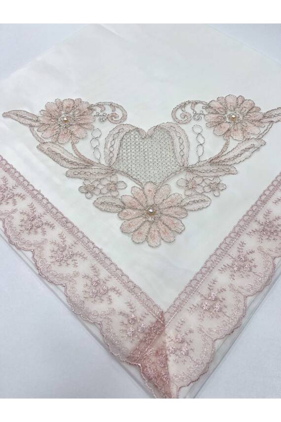 Güpürlü Dantel Taş Süslemeli Krem Çeyizlik Saten Lüks Bohça (KREM) - 3