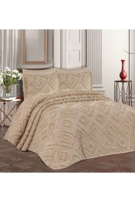 İskandinav Bohem Püsküllü Kutulu Çift Kişilik Yatak Örtüsü Takımı (Bej)