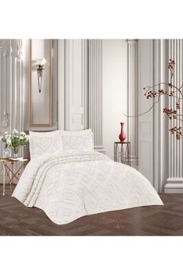 İskandinav Bohem Püsküllü Kutulu Tek Kişilik Yatak Örtüsü (Ekru)