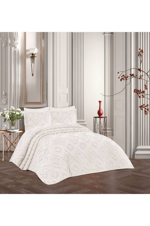 İskandinav Bohem Püsküllü Kutulu Tek Kişilik Yatak Örtüsü (Ekru) - 1