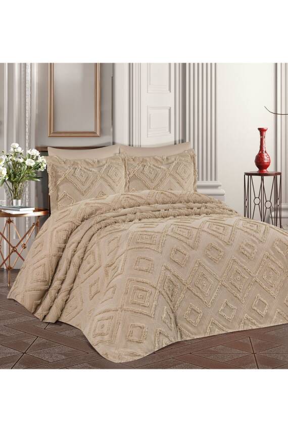 İskandinav Bohem Püsküllü Kutulu Tek Kişilik Yatak Örtüsü (Bej) - 1