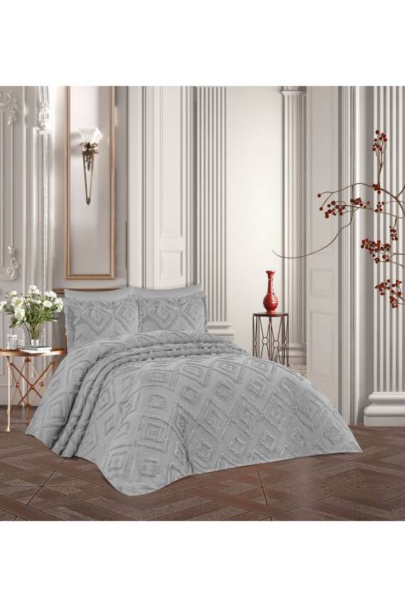 İskandinav Bohem Püsküllü Kutulu Tek Kişilik Yatak Örtüsü (Gri) - 1