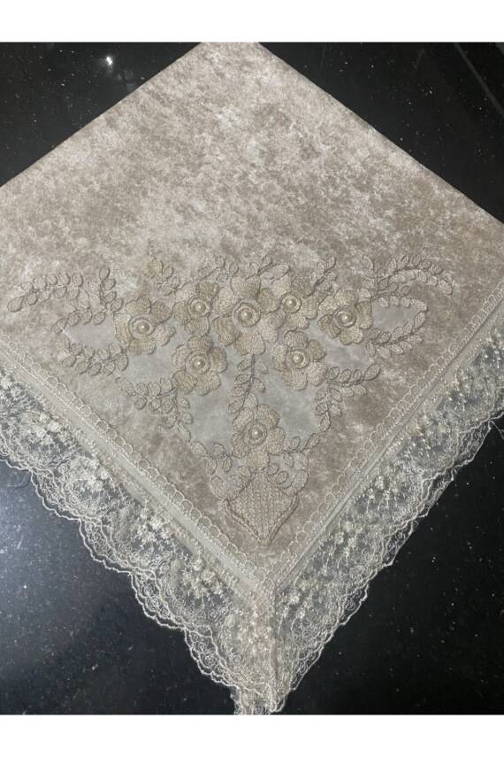 Kadife Fransız Güpürlü Dantel Inci Işlemeli Çeyizlik Cappuccino Lüks Bohça (Cappuccino ) - 1