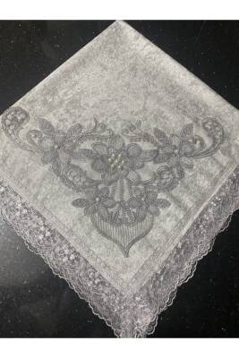 Kadife Fransız Güpürlü Dantel Inci Işlemeli Çeyizlik Gri Lüks Bohça (Gri)