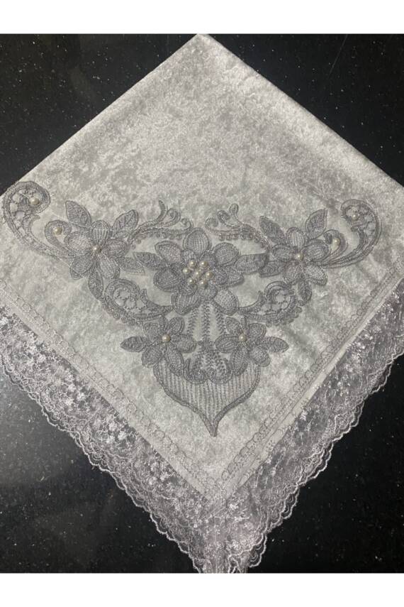 Kadife Fransız Güpürlü Dantel Inci Işlemeli Çeyizlik Gri Lüks Bohça (Gri) - 1