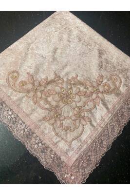 Kadife Fransız Güpürlü Dantel Inci Işlemeli Çeyizlik Pudra Lüks Bohça (Pembe)