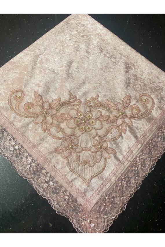 Kadife Fransız Güpürlü Dantel Inci Işlemeli Çeyizlik Pudra Lüks Bohça (Pembe) - 1