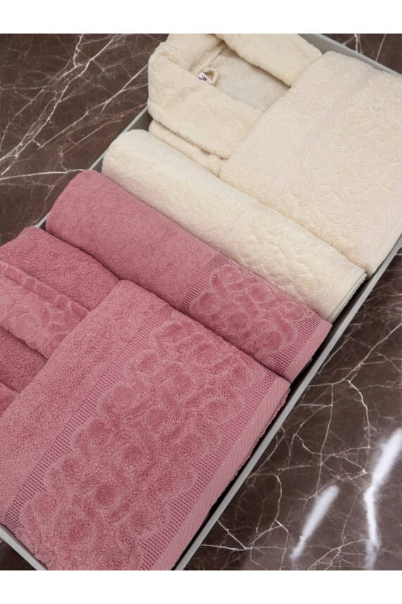 Kadife Jakarlı 6 Parça Bornoz Seti (Pudra*Krem) - 3