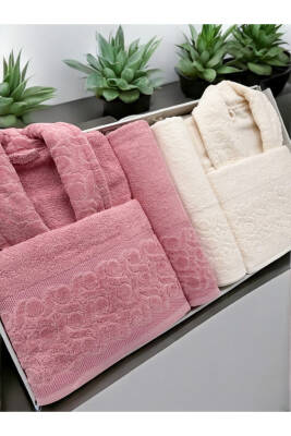 Kadife Jakarlı 6 Parça Bornoz Seti (Pudra*Krem) - 4