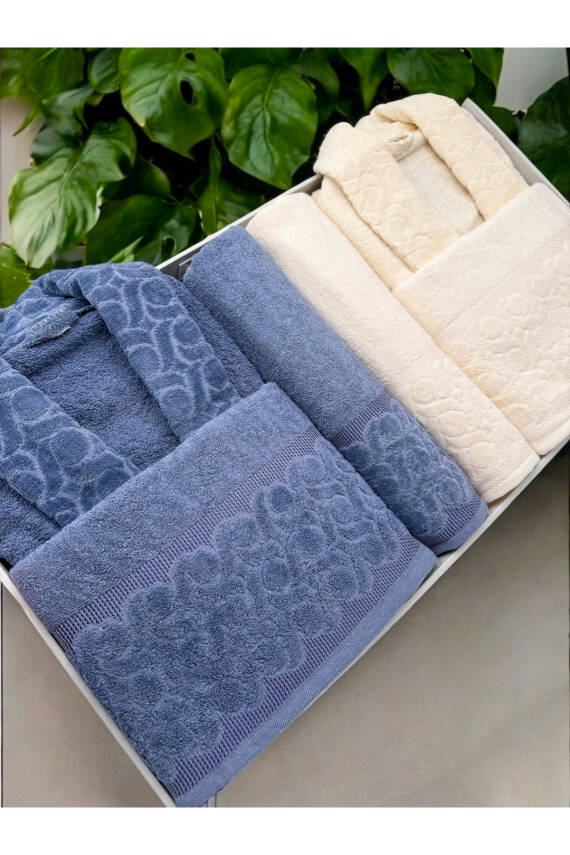 Kadife Jakarlı 6 Parça Bornoz Seti (İndigo*Krem) - 2