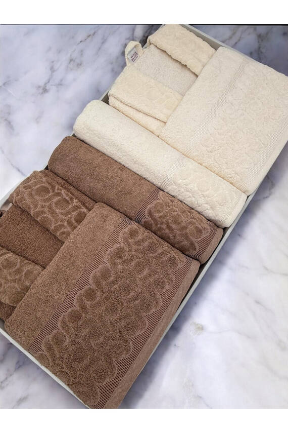 Kadife Jakarlı 6 Parça Bornoz Seti (Bej*Krem) - 4