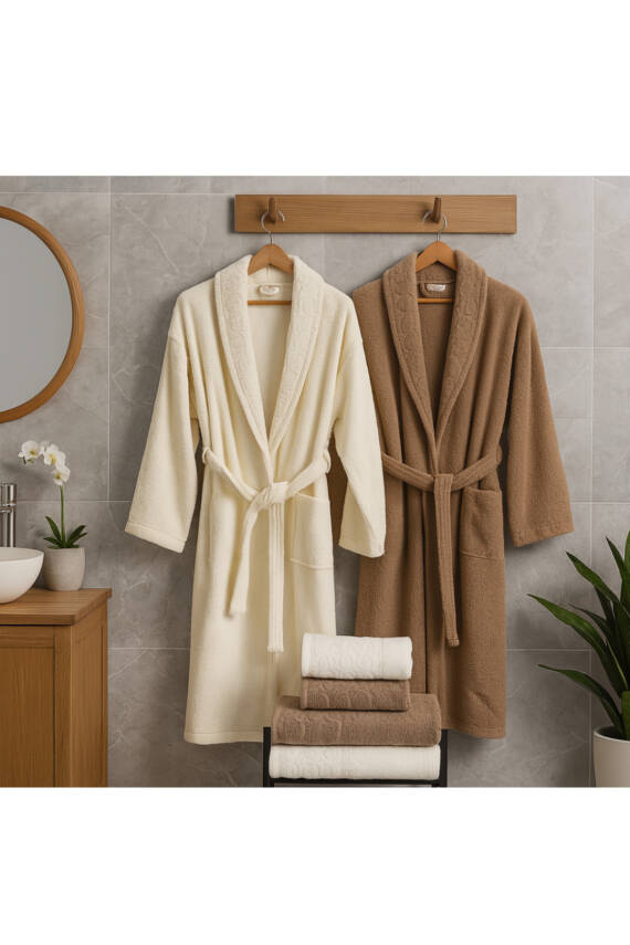 Kadife Jakarlı 6 Parça Bornoz Seti (Bej*Krem) - 5