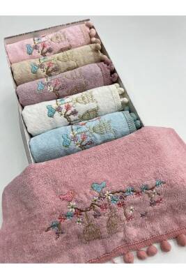 Kadife Kafes Nakışlı Ponponlu 6'lı 30x50 Kutulu Mutfak Havlu Seti (ASORTİ)