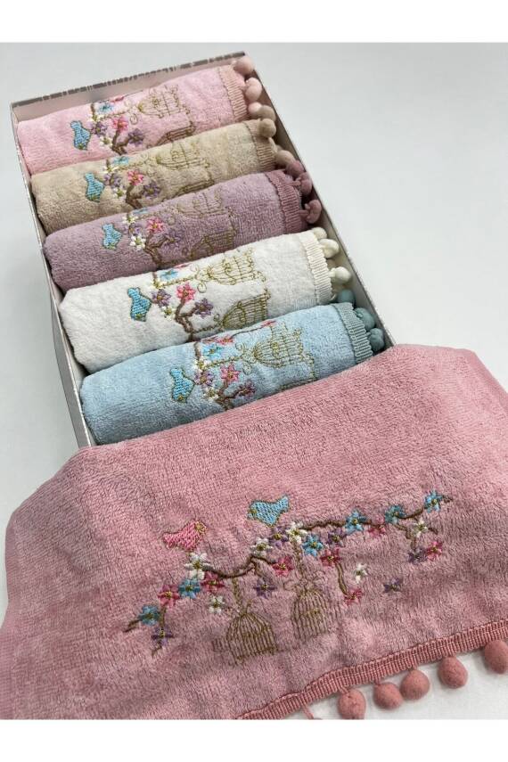 Kadife Kafes Nakışlı Ponponlu 6'lı 30x50 Kutulu Mutfak Havlu Seti (ASORTİ) - 1