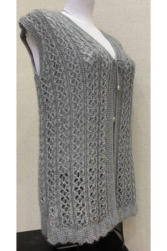 Kadın Gri Kalp Örgü Simli Kristal Yeleği (GRİ) - 2