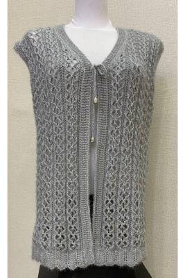 Kadın Gri Kalp Örgü Simli Kristal Yeleği (GRİ)