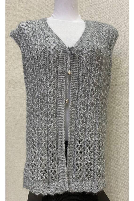 Kadın Gri Kalp Örgü Simli Kristal Yeleği (GRİ) - 1