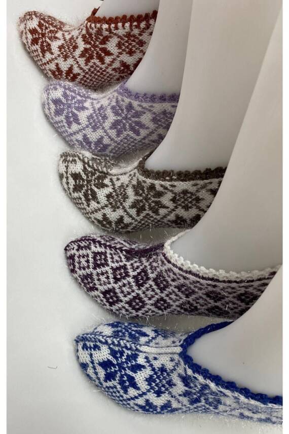 Kadın Simli Kristal Yün Örgü 5 Adet Desenli Patik Çeyizlik Bohçalık Hediyelik (ASORTİ) - 1