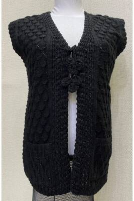 Kadın Siyah Angora Simli Örgü Yeleği (SİYAH)